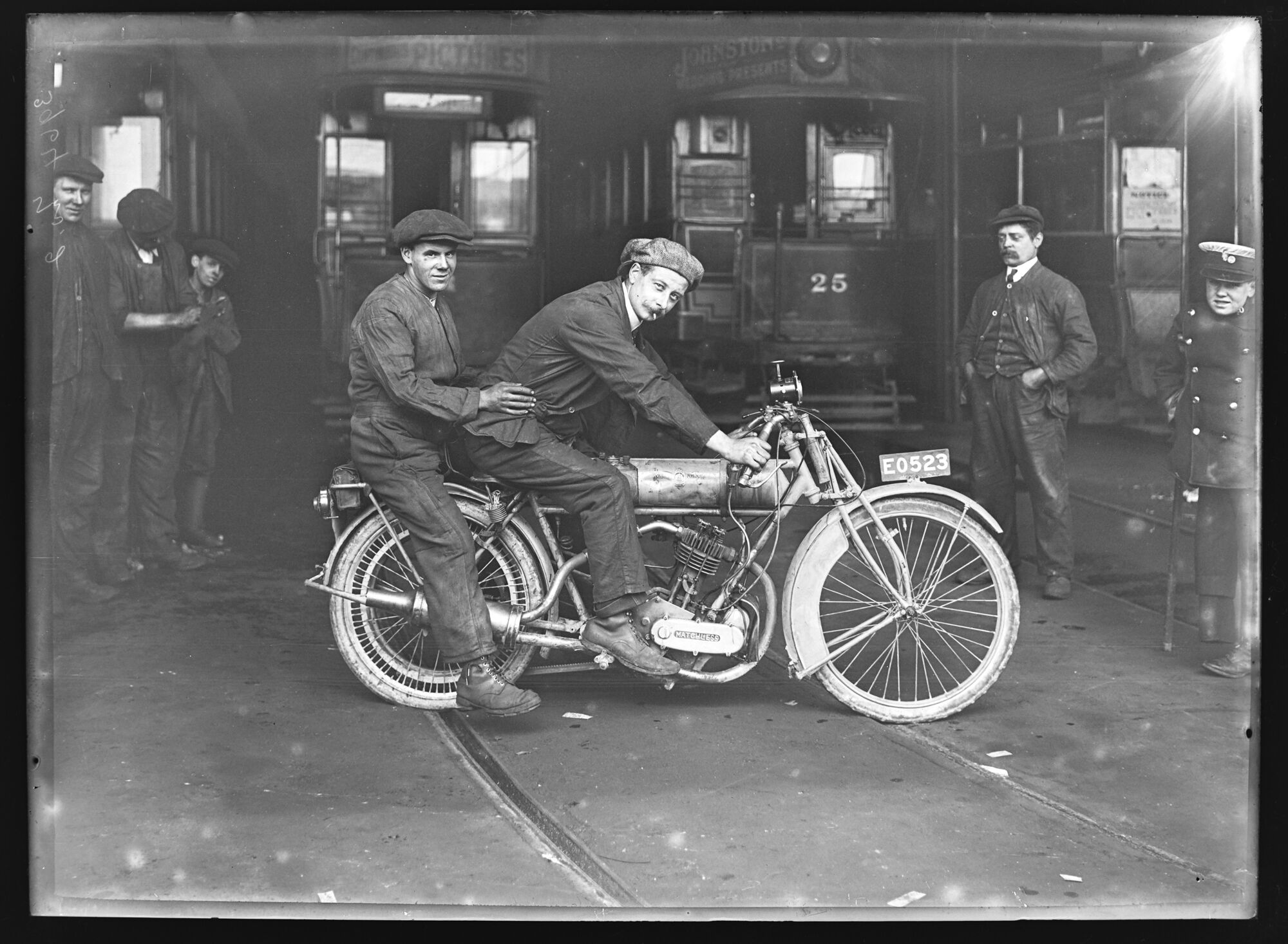 Matchless motorcycle, EO 523, at the Electric Tram Depot, Barrow-in-Furness